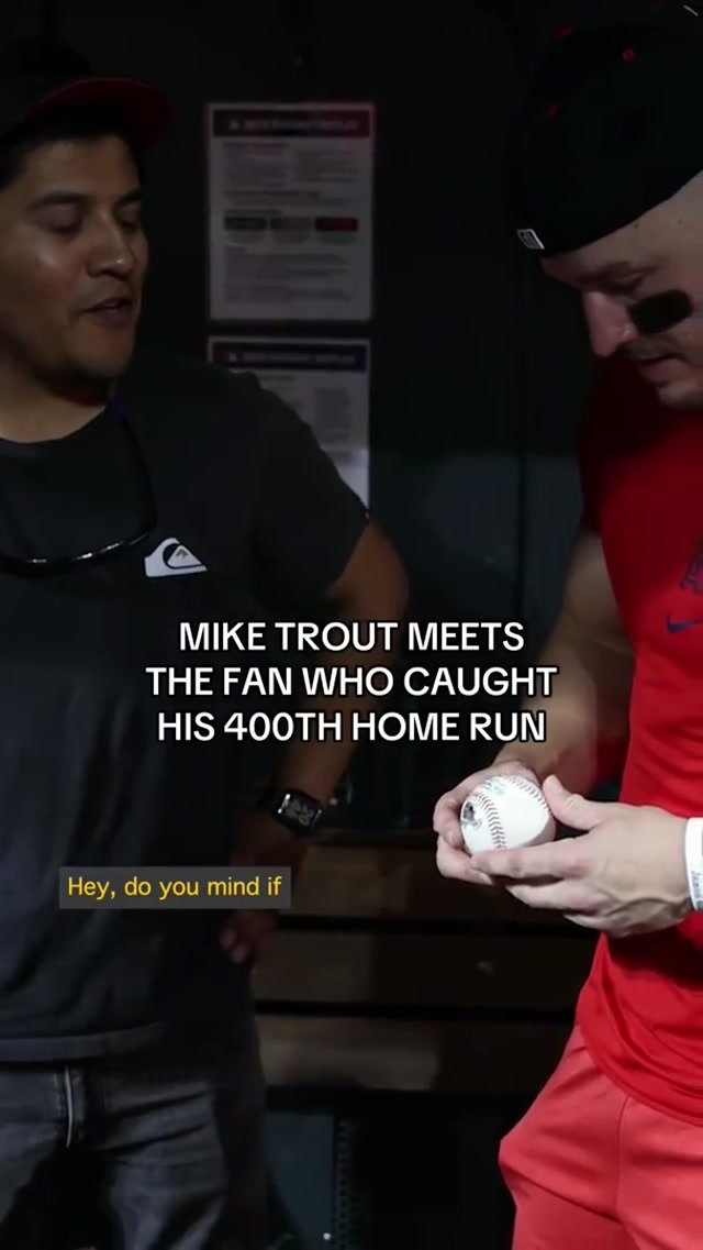 Alberto, the fan who caught @Mike Trout’s 400th career homer, gave the superstar his milestone baseball. His one request? To play catch. 🥹 | #mlb #angels #baseball #miketrout  
