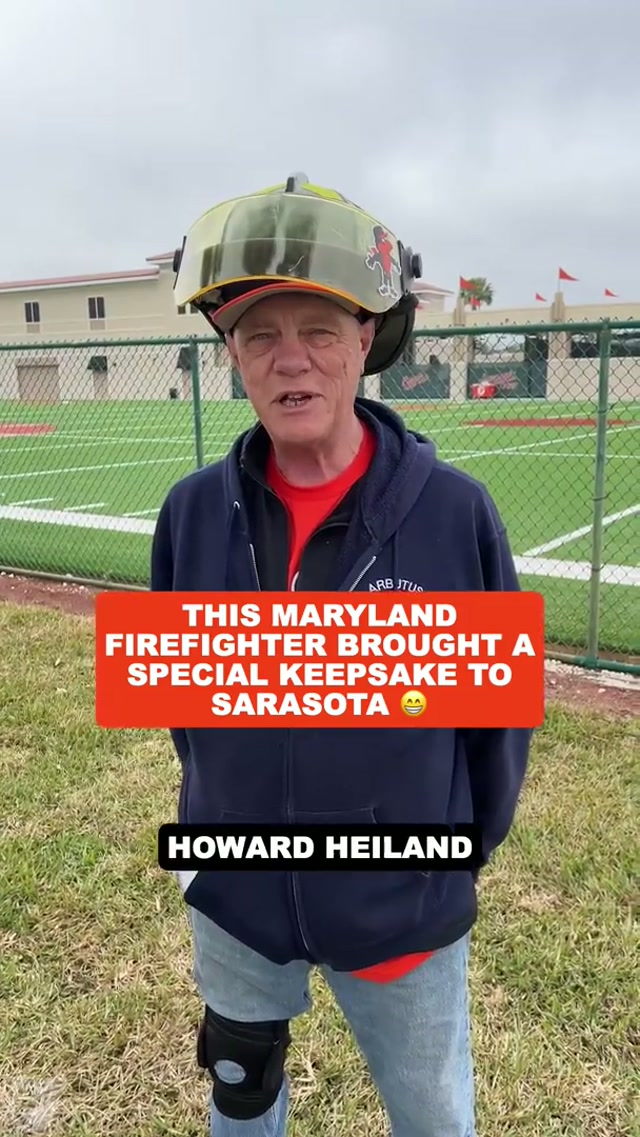 Howard made sure to bring his helmet down for his first trip to Spring Training 🧡

#orioles #springtraining #fans #sarasota #firefighter 