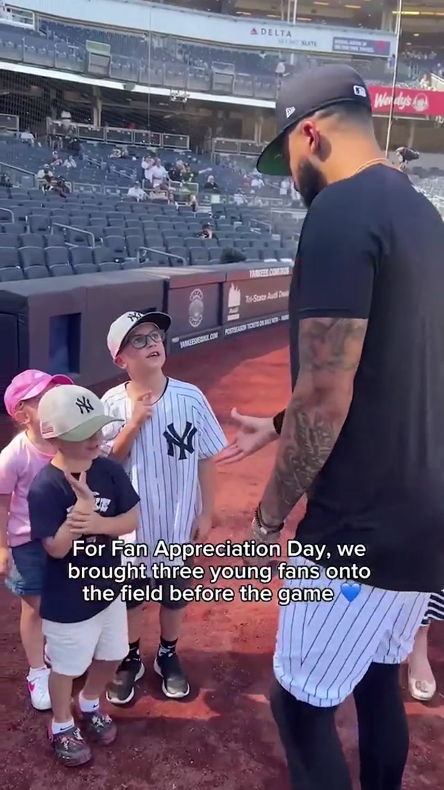 Three young baseball fans were surprised with the chance to throw out today's ceremonial first pitch! #FanAppreciationDay #yankees #mlb #baseball 