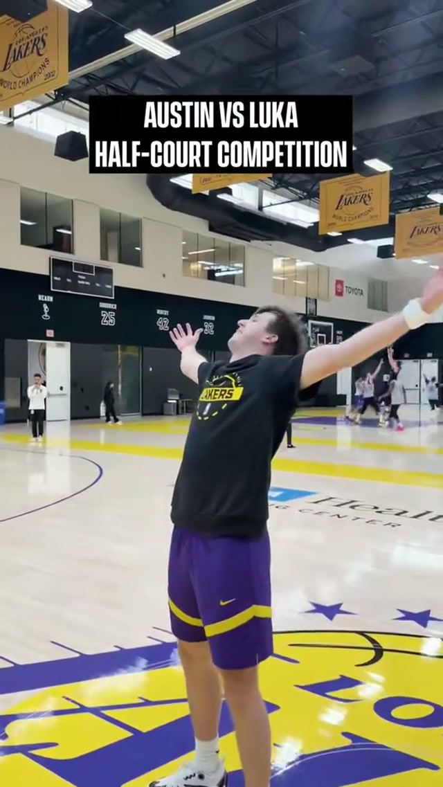 AR vs Luka: Back at it with the half-court shot competition #lakers #trickshot 