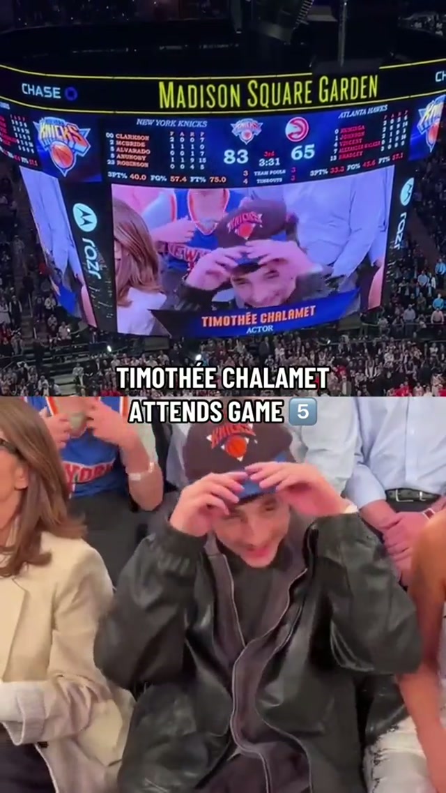 a true Knicks fan 🙂‍↕️🙂‍↕️ #nyknicks #nbaplayoffs #timotheechalamet #courtside 