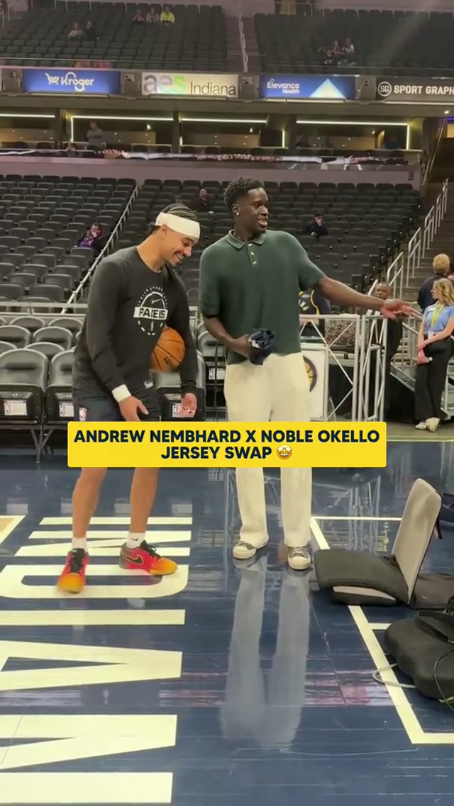 Andrew Nembhard and Indy Eleven midfielder Noble Okello played youth soccer together growing up in Canada and they reunited tonight to exchange jerseys before the game 🇨🇦⚽️ #pacers #indiana #soccer #basketball 