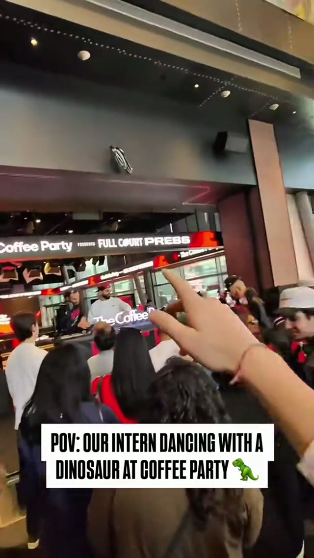 you’re the intern and somehow you’re dancing with a dinosaur at @The Coffee Party inside @Scotiabank Arena 🦖
