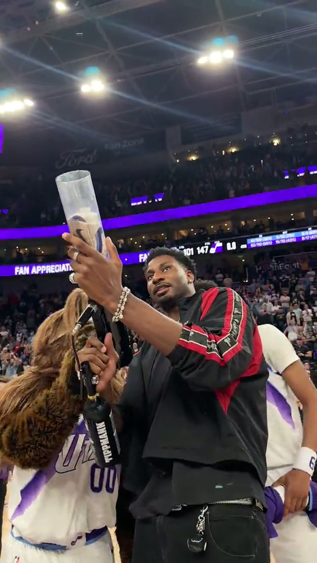 Jaren, Ace, and the guys grab their gear and t-shirt cannons to toss swag into the crowd on Fan Appreciation Night #nba #highlights #jazz #grizzlies #fans #crowd