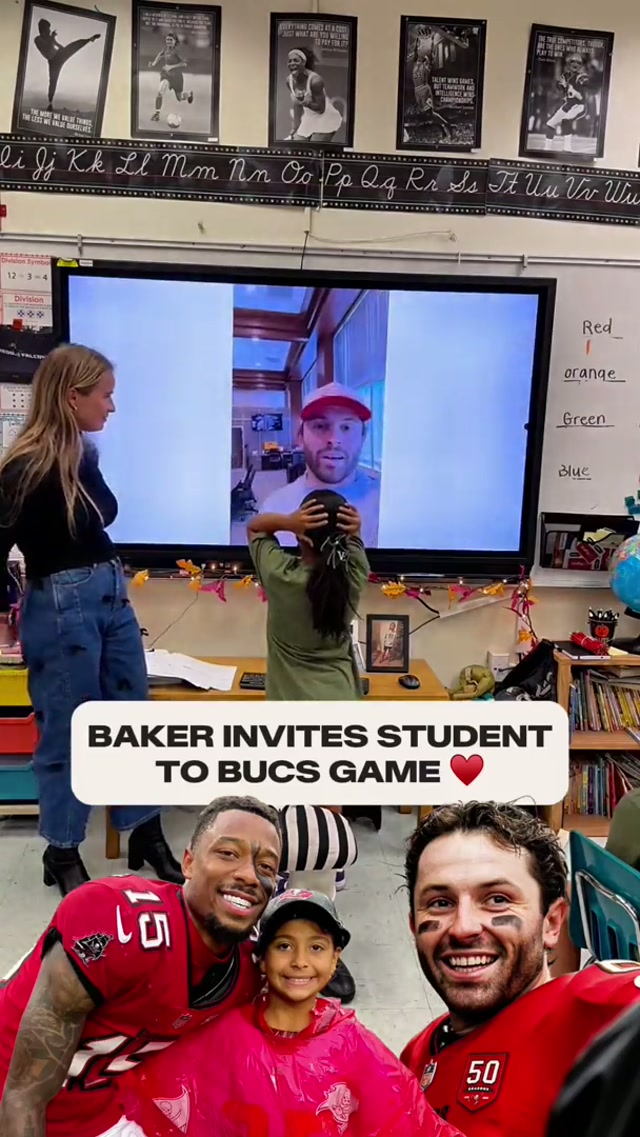 When we heard Emiliana from @Mary Crippen | NFeLementary™’s class was a huge fan of Baker and the Bucs, we surprised her with tickets & field passes 🙏