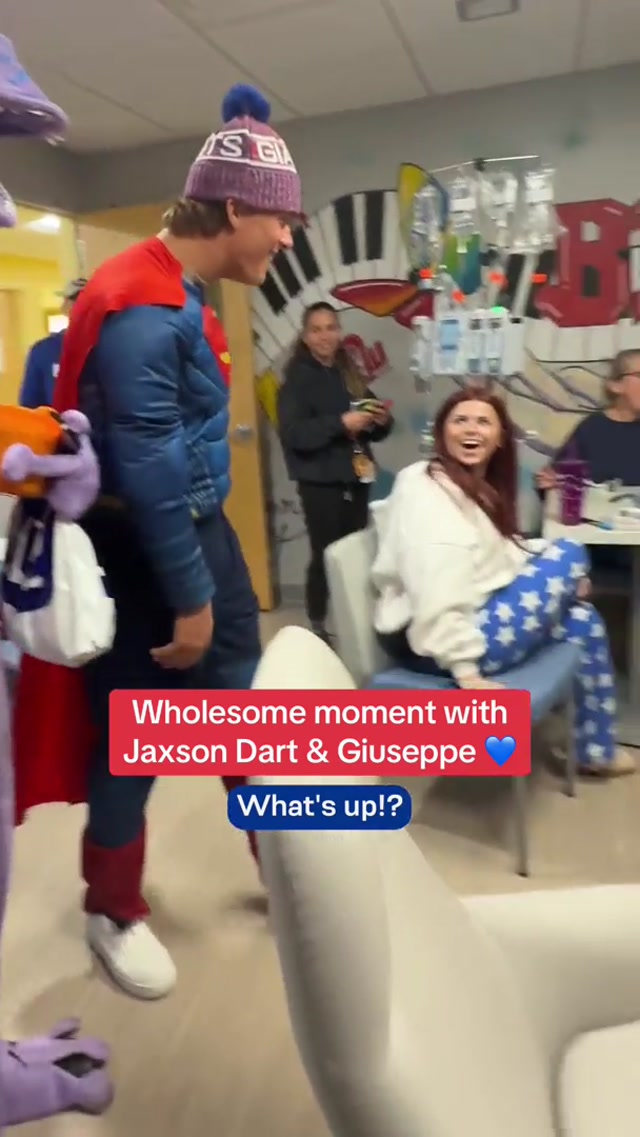 Jaxson Dart visits one of our MVPs (Most Valiant Patients) Giuseppe during our annual Halloween visit 💙🎃 