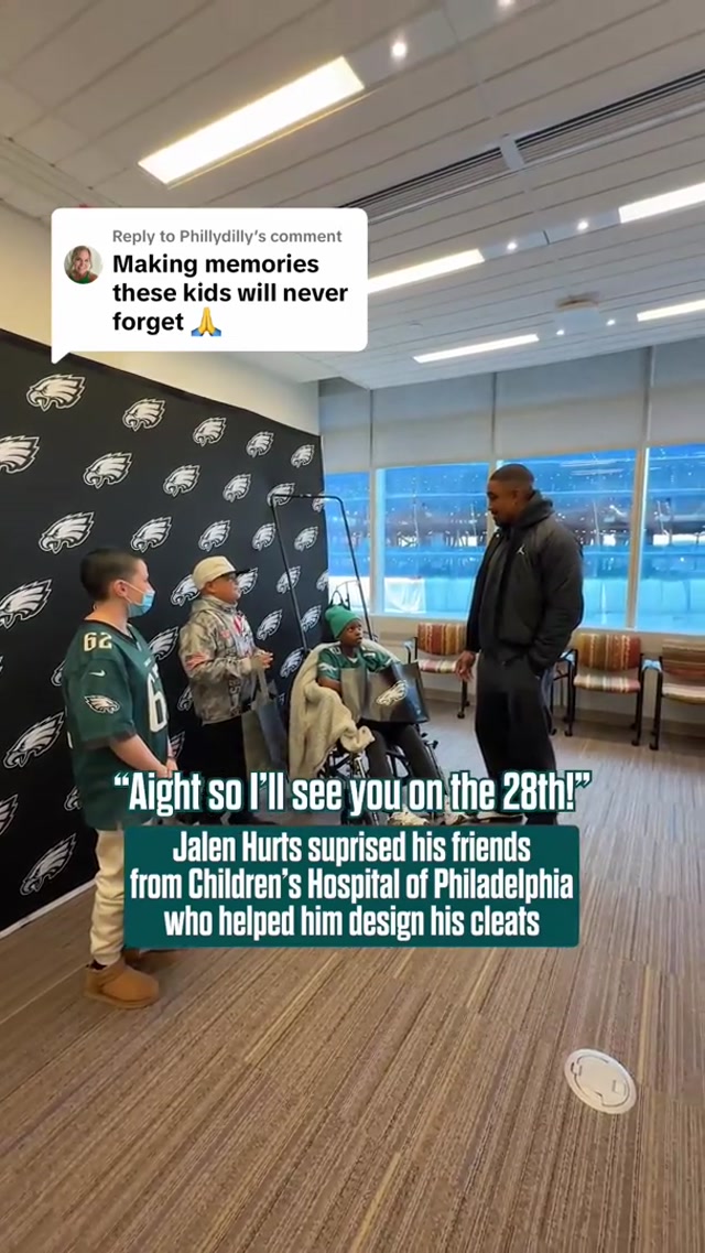 Replying to @Phillydilly from the drawing board to the sidelines. QB1 surprised his friends from The Children’s Hospital of Philadelphia with the shoes they helped create 🎨 #eagles #nfl #jalenhurts #mycausemycleats 